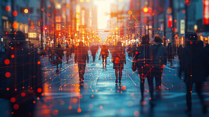 Street people walking in the city with internet network connection, pubic wifi service, wireless technology, social media concept