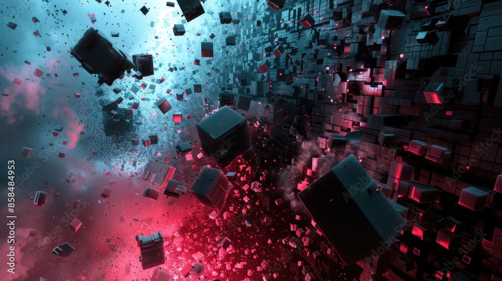Poster abstract digital artwork of exploding black cubes in blue and red colors. abstract image of explosio
