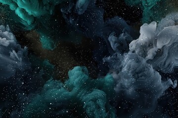 Abstract Background, a 3D scene featuring intricate particle clouds in dark mode, with deep navy, black, and rich emerald creating a mesmerizing and ethereal abstract background
