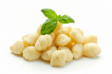 Freshly Cooked Gnocchi With Basil Garnish on White Background