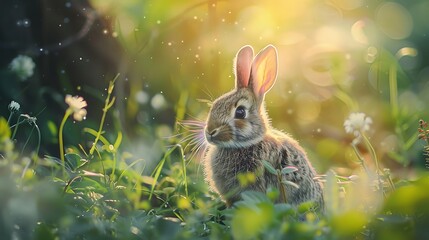 Sunlit Meadow Rabbit, Rabbit in the forest, AI generates the image
