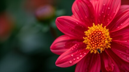 Obraz premium A close-up shot of a red dahlia flower with water drops on its petals