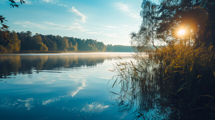 Obraz premium A clean lake reflecting the beautiful sky. A lake surrounded by trees and a forest