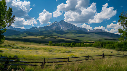 A meadow in a valley between the mountains on a warm slightly cloudy day