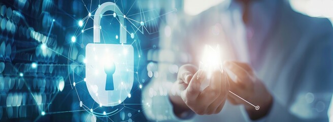 Hand holding digital padlock and data flow icons on blue background with business people working in the office