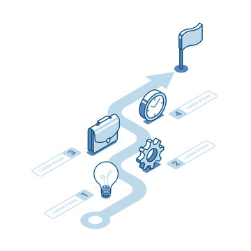 isometric vector infographic of linear icons and arrow leading to the flag, in color on a white background, business path to success