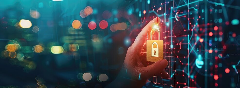Hand holding padlock and data flow icons on virtual screen over blue city background, showing smart security technology for cyber sports team winning of business in global network world concept - Powered by Adobe