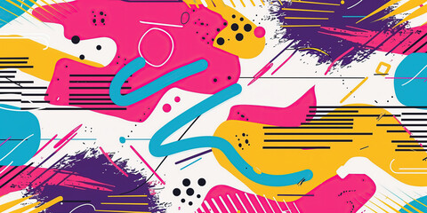 A colorful, abstract vector pattern with geometric shapes, bold lines, and a white background