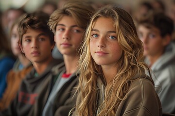 Fototapeta premium Young Girl With Blonde Hair and Blue Eyes Sitting in a Group of Friends