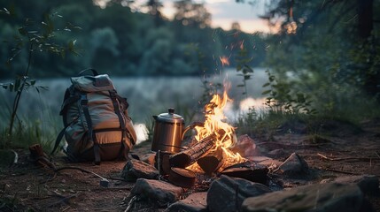 Campfire in the wilderness with a backpack and metal kettle nearby