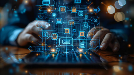 Data science. Digital technology. Computer programmer using digital tablet computer with AI, cyber security, software development, cloud computing, data exchange