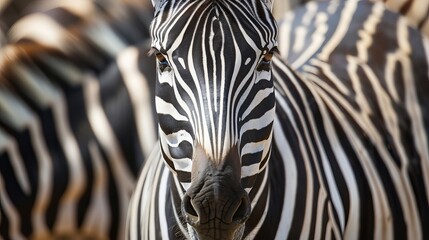 Close-up of a zebra's face in a herd in the Masai Mara, Kenya. The zebra has black and white stripes.