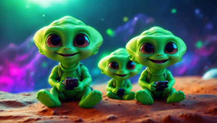 Three cute little green aliens are playing on their smartphones