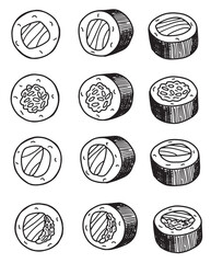 set of vector line drawing of sushi rolls © Ira Rybalko