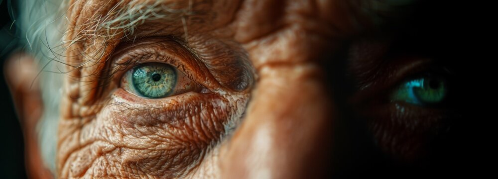 close-up sad eyes wrinkled tired look of Caucasian elderly man over 70 years old age, banner