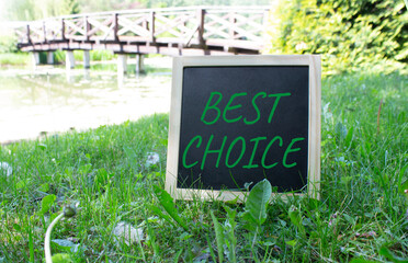 Best choice symbol. Best choice black chalk blackboard. Beautiful meadow background with bridge....