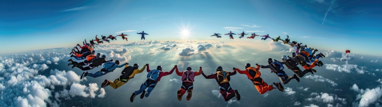 A breathtaking panorama captures a circle of skydivers holding hands mid-air against a stunning backdrop of clouds and a bright blue sky.
