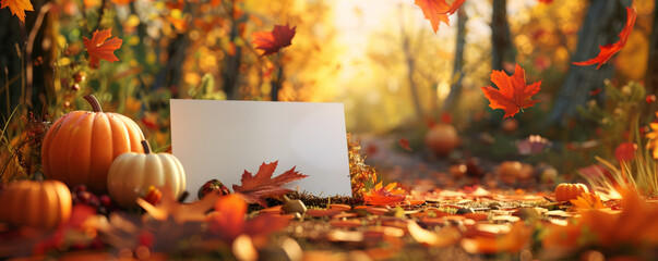 Mockup card birthday background showcasing a rustic autumn theme, with a white card set against a backdrop of fallen leaves, pumpkins, and earthy textures, creating a warm and cozy autumnal scene