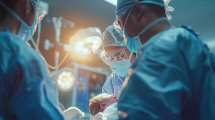 A newborn baby is born by c-section in an operating room attended by a surgeon and medical team