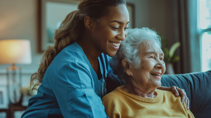 Nurser caregiver assisting an elderly disabled woman with home health care