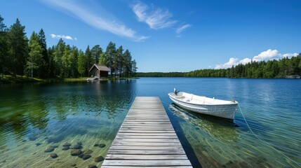 Obraz premium A boat is docked at a pier in front of a house. The water is calm and clear, and the sky is blue. The scene is peaceful and serene, with the boat and dock blending in with the natural surroundings