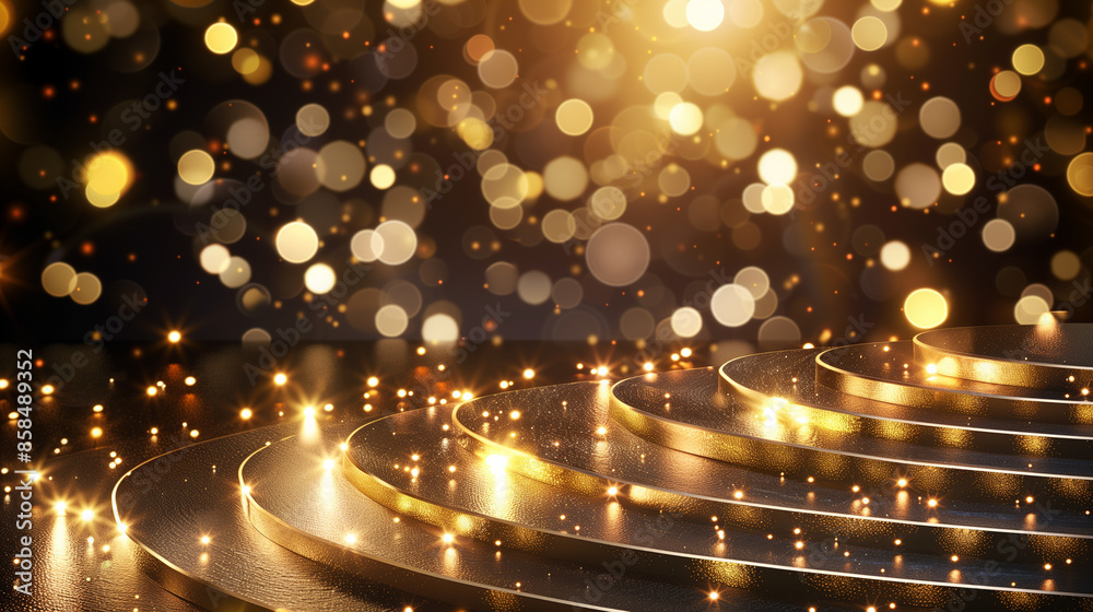 Wall mural golden podium with lighting effect on bokeh background. 3d render