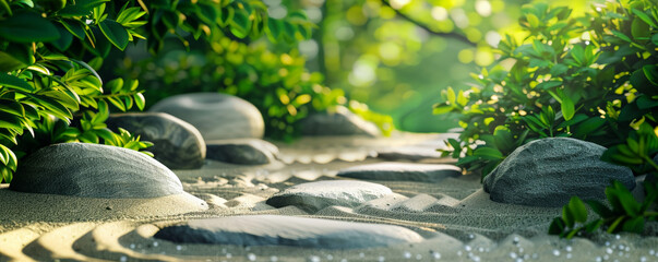 Peaceful zen garden background with smooth stones, raked sand patterns, and lush greenery. The serene, harmonious textures evoke a sense of calm and balance, perfect for wellness or meditation themes