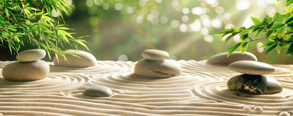 Peaceful zen garden background with smooth stones, raked sand patterns, and lush greenery. The serene, harmonious textures evoke a sense of calm and balance, ideal for wellness or meditation themes