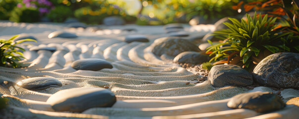 Peaceful zen garden background with smooth stones, raked sand patterns, and lush greenery. The serene, harmonious textures evoke a sense of calm and balance, perfect for wellness or meditation themes
