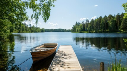 A small boat is docked at a pier next to a lake. The scene is peaceful and serene, with the boat and dock blending seamlessly into the natural surroundings