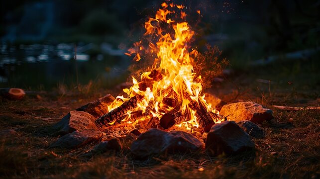 Cozy campfire flames crackle and dance in the wilderness, providing warmth and ambiance for a memorable camping experience.