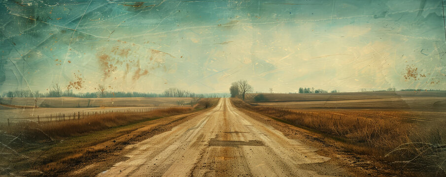 Rustic country road background with weathered asphalt, textured dirt paths, and surrounding fields. The authentic, pastoral scene evokes a sense of simplicity and tranquility, ideal for rural themes
