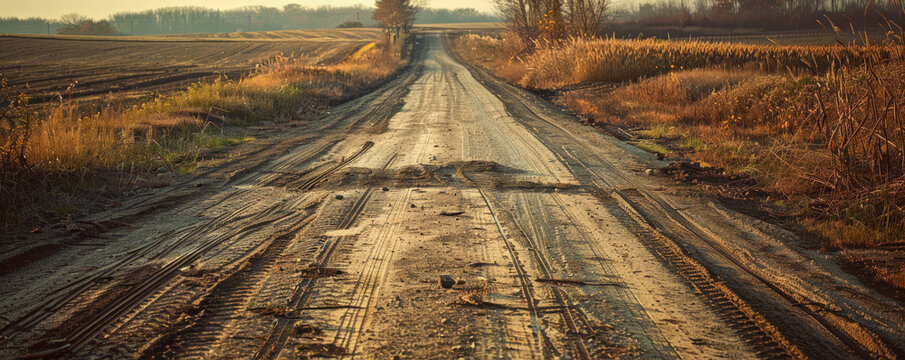 Rustic country road background with weathered asphalt, textured dirt paths, and surrounding fields. The authentic, pastoral scene evokes a sense of simplicity and tranquility, ideal for rural themes