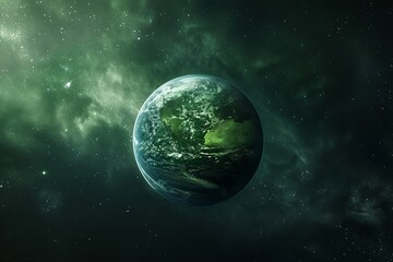 Obraz premium Green planet Earth in space, symbolizing ecology and environmental protection.