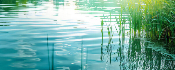Serene lakeside background with calm water, green reeds, and textured reflections. The peaceful, natural scene creates a tranquil, relaxing atmosphere, ideal for nature or wellness themes