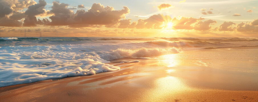 Serene beach sunset background with golden sands, gentle waves, and textured clouds. The peaceful, picturesque view creates a relaxing, inspiring scene, ideal for coastal themes
