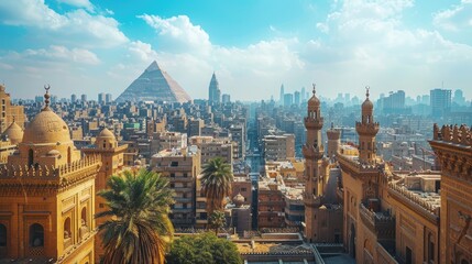 Stunning panoramic view of Cairo city skyline with iconic pyramids and historic buildings under a bright blue sky with scattered clouds.