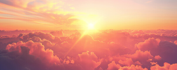 Tranquil sunset background with warm hues of orange and pink, gentle light rays, and textured clouds. The peaceful, picturesque view creates a relaxing, inspiring scene, ideal for serene themes