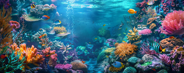 Vibrant underwater background with colorful coral reefs, dynamic fish, and textured water reflections. The lively, aquatic scene captures the beauty and diversity of marine life, ideal for ocean