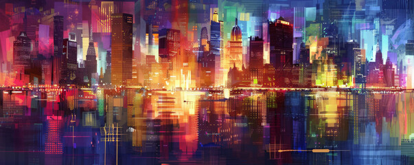 Vibrant urban skyline background with colorful buildings, lively streets, and textured reflections. The dynamic, bustling scene captures the energy and excitement of city life, perfect for urban