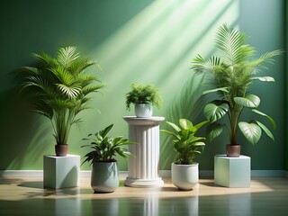 Fototapeta premium A Beautiful Still Life Of Various House Plants In Front Of A Green Background.