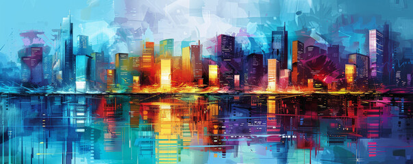 Vibrant urban skyline background with colorful buildings, lively streets, and textured reflections. The dynamic, bustling scene captures the energy and excitement of city life, perfect for urban