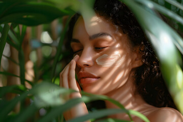 A close-up shot of a woman with glowing, hydrated skin gently applying a serum to her cheek, with soft natural lighting enhancing her radiant complexion, surrounded by green plants 