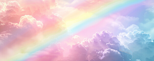 Whimsical rainbow background with soft pastel colors, fluffy clouds, and a smooth, dreamy texture. The cheerful, magical scene creates a sense of joy and imagination, perfect for playful or fantasy