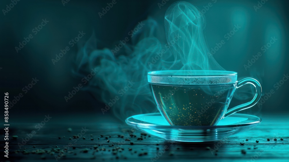 Poster a cup of tea is sitting on a table with steam rising from it. the image has a calming and peaceful m
