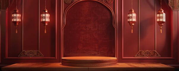 Winner award podium background showcasing a wooden podium with carved details, set against a rich burgundy backdrop with hanging lanterns, evoking a classic and regal feel