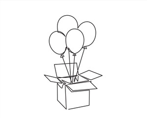Continuous One line drawing of Birthday Open Gift box and Balloons inside. Festive present. Birthday celebration concept isolated on white background. Hand drawn design vector illustration