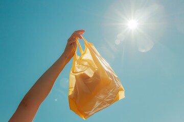 Hand Holding Reusable Bag Against Blue Sky. international plastic bag free day