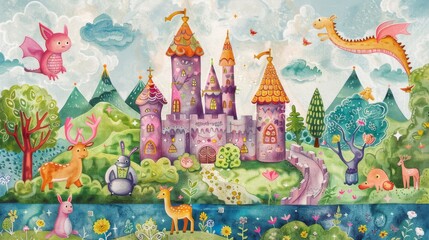 Whimsical illustration of a fairy tale castle surrounded by colorful trees and animals