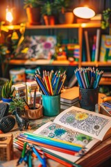 Coloring book with intricate designs and various art supplies on a desk.
